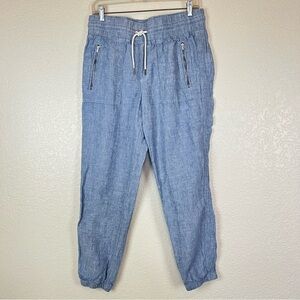 Athleta Women's Chambray Blue 100% Linen Cabo Joggers Pants Zip Pockets Size 10